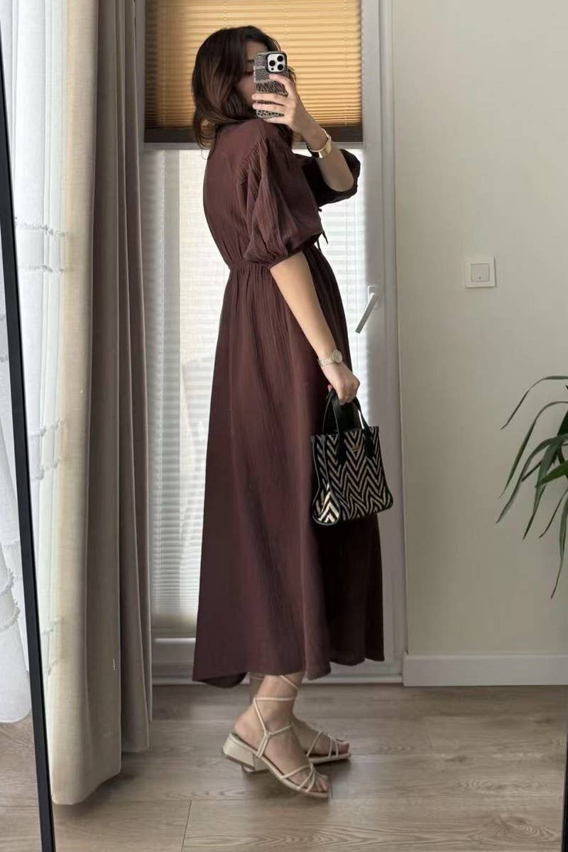 CWDMD5840_V-NECK PUFF SLEEVE SLIM FIT A-LINE DRESS