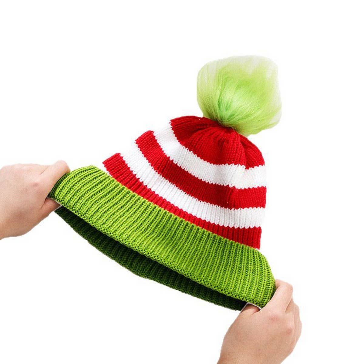 CWAH04355_KIDS RED GREEN STRIPED KNIT HAT