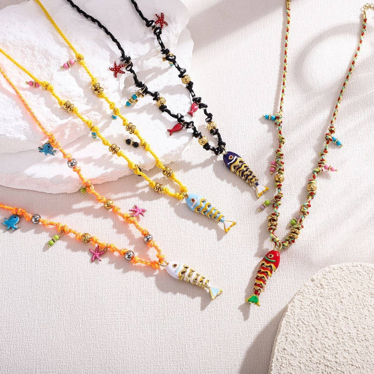 Colorful Enamel Fish Rope Necklace for Vacation
