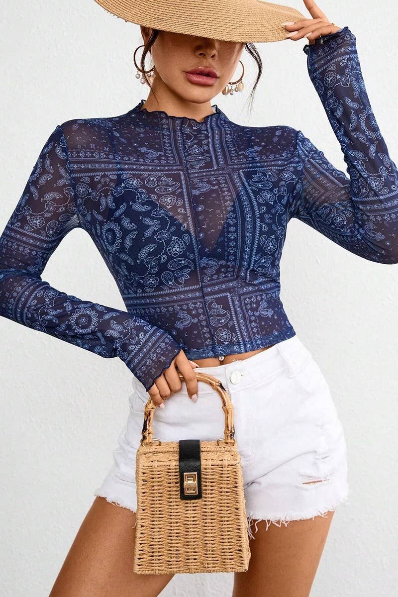 CWTBLL3509_MESH PRINT STAND COLLAR LONG SLEEVE CROPPED TOP