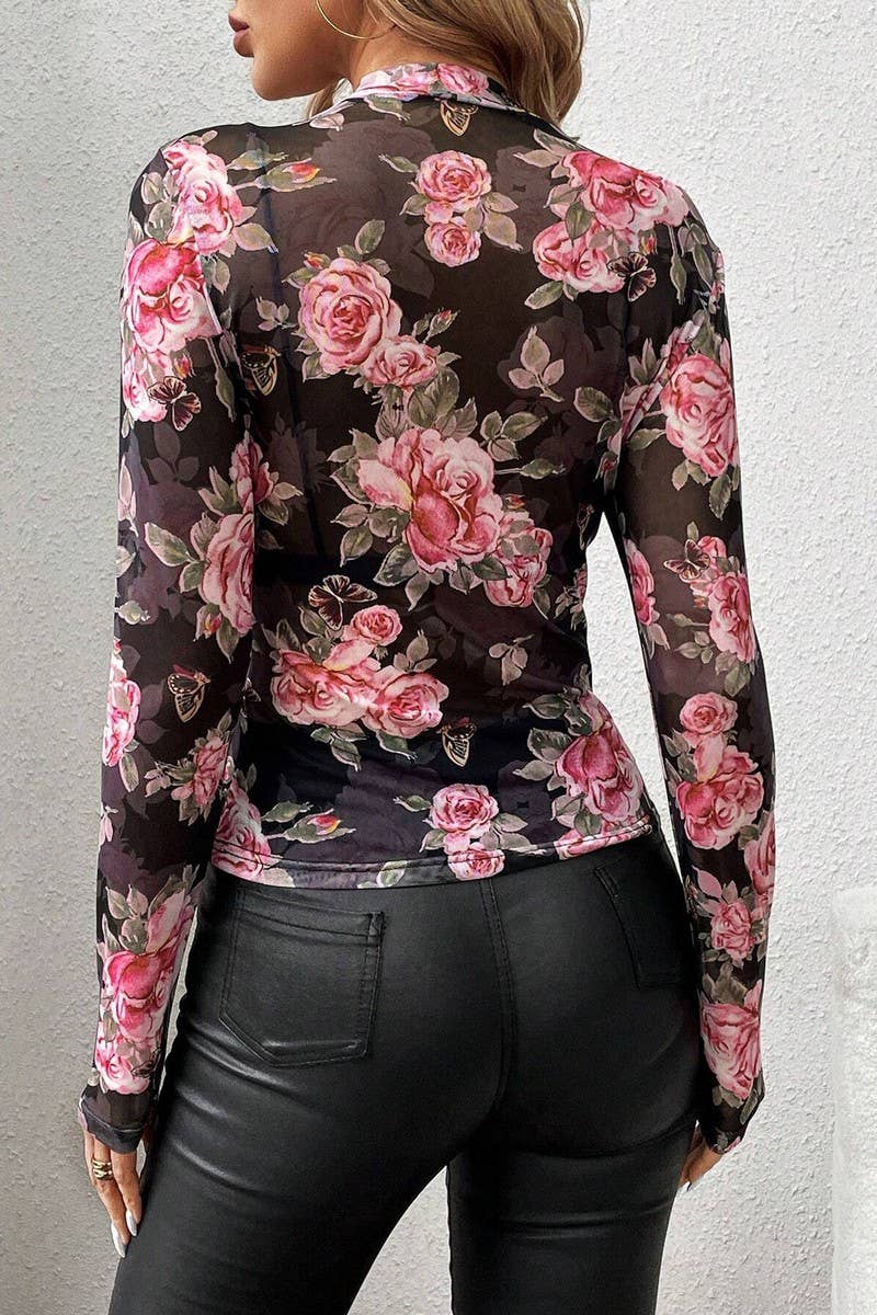 CWTBLL3479_FLORAL PRINT SMALL STAND COLLAR MESH SLIM FIT TOP