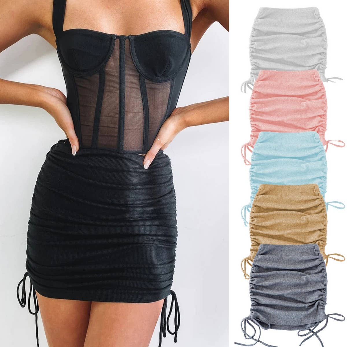KNITTED SIDE DRAWSTRING STRETCH PLEATED SKIRT