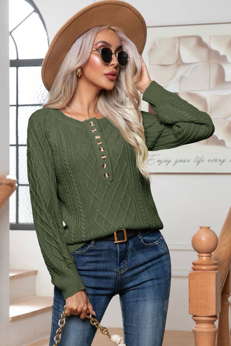 CWOSWL6372_CASUAL BUTTON-UP LONG-SLEEVED KNIT SWEATER