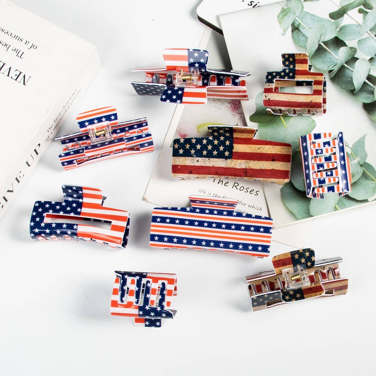 CWAHA1245_4TH OF JULY FLAG 8CM RECTANGULAR HAIR CLAW CLIP