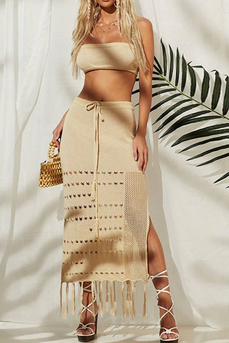 CWSTB1651_TUBE TOP TASSEL LACE-UP LONG SKIRT TWO-PIECE SET