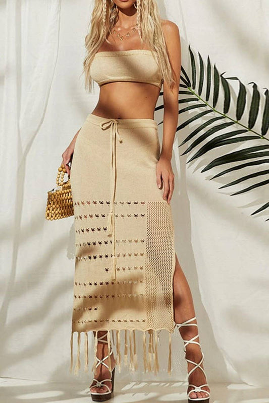 CWSTB1651_TUBE TOP TASSEL LACE-UP LONG SKIRT TWO-PIECE SET