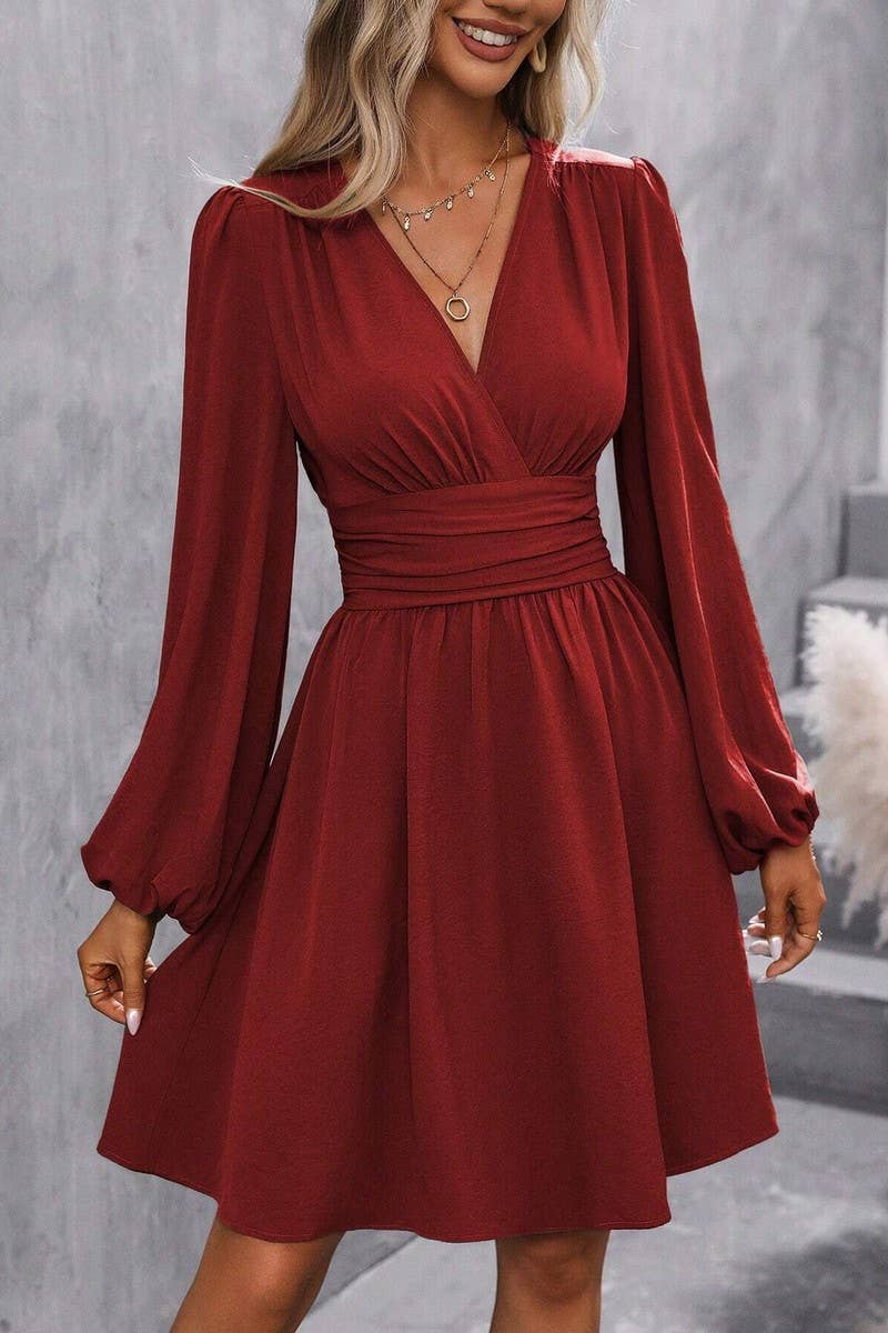 CWDSD8399_V NECK LANTERN SLEEVE RUCHED WAIST DRESS