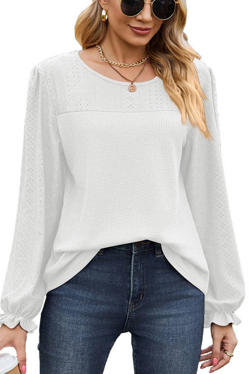 CWTBLL2417_SPLICED ROUND NECK LOOSE LONG SLEEVE T-SHIRT TOP
