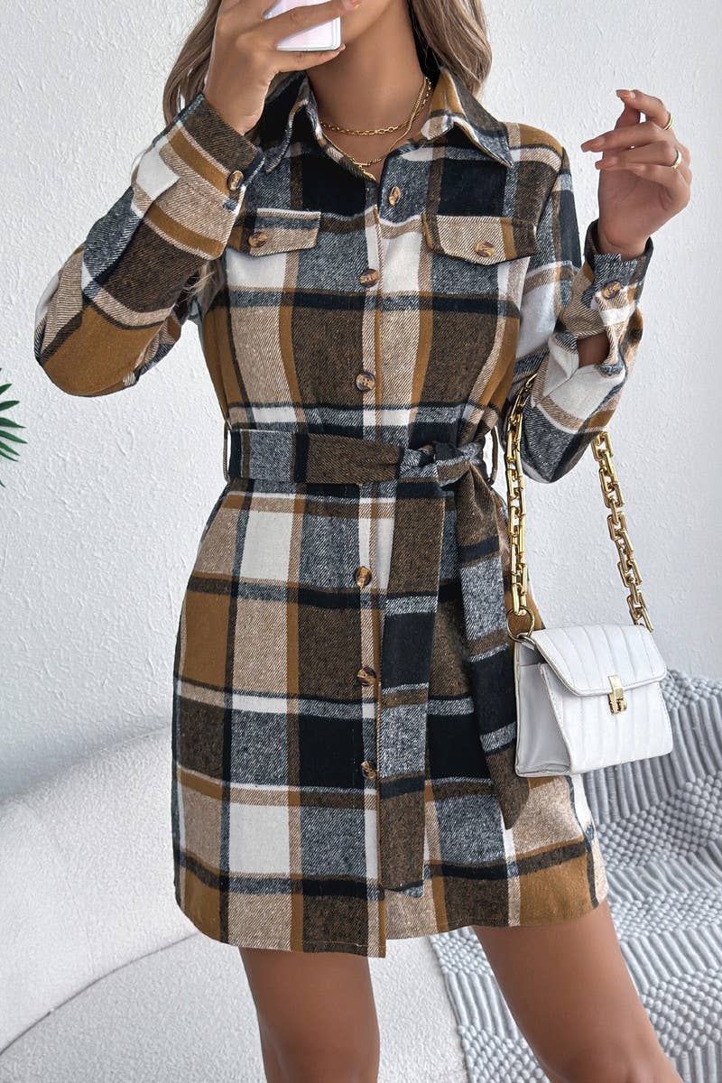 CWTDSL0124_CASUAL COLORBLOCK LONG SLEEVE PLAID SHIRT DRESS