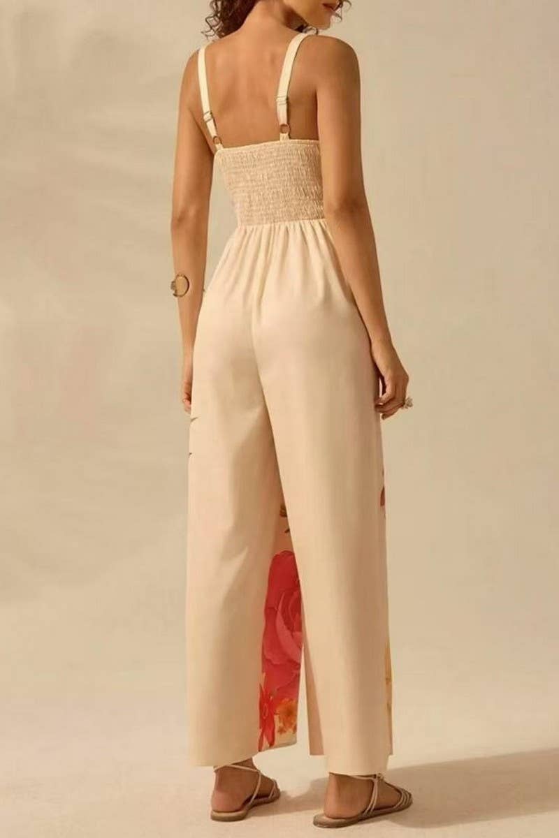 CWSJS1705_V-NECK TRENDY FLORAL CAMI WIDE LEG JUMPSUIT