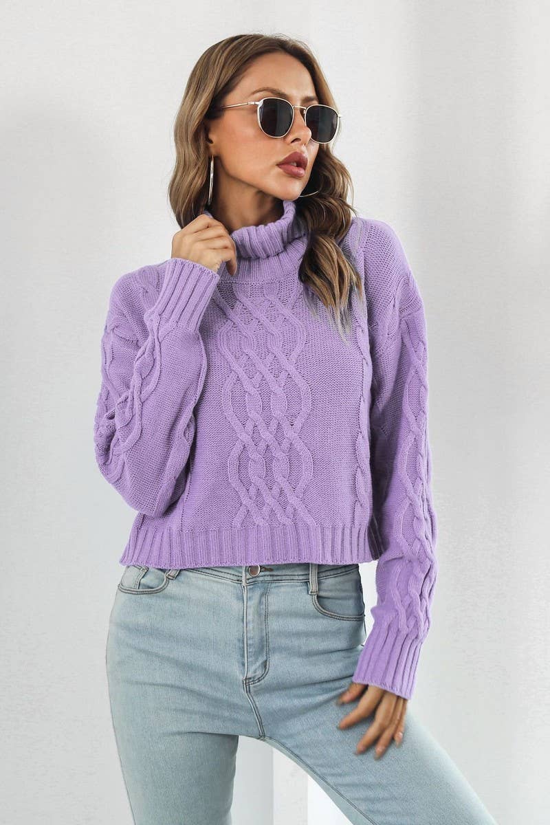 CWOSWL3875_HIGH COLLAR LONGSLEEVE TWISTED ROPE SHORT SWEATER