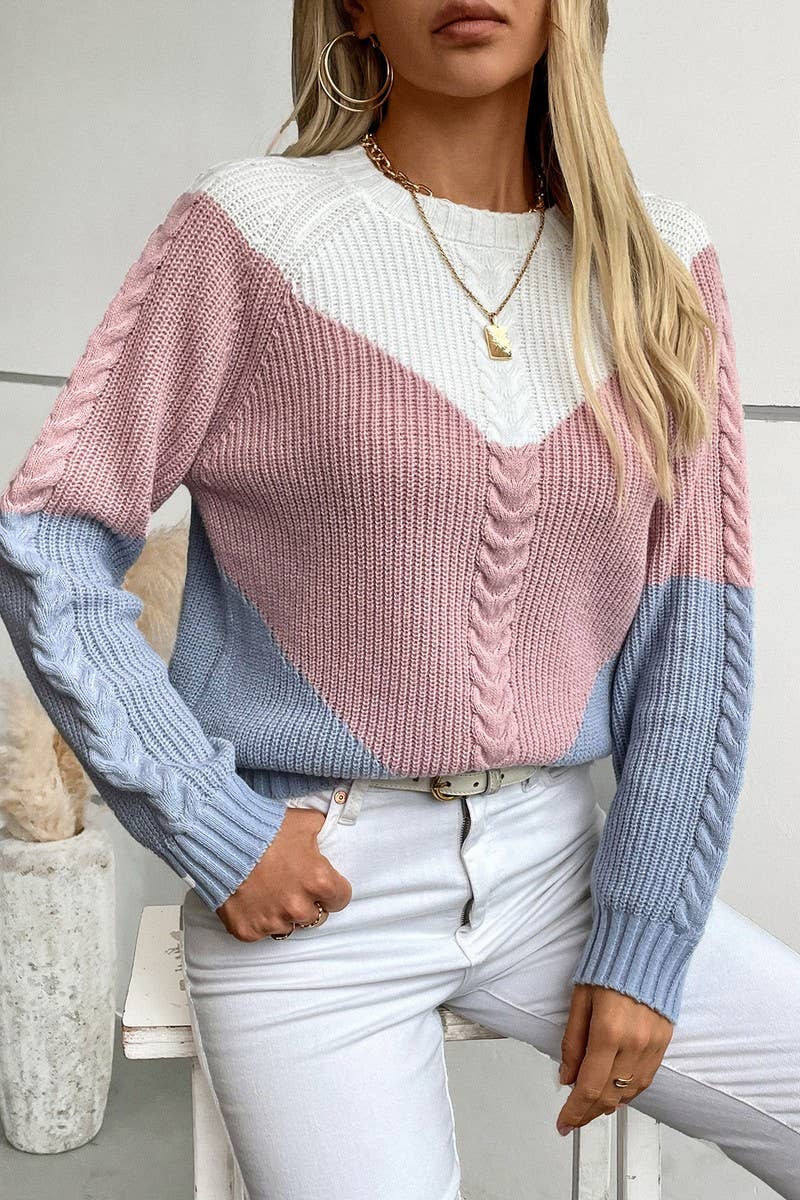 CWOSWL2871_CONTRASTING COLOR CABLE-KNIT SWEATER