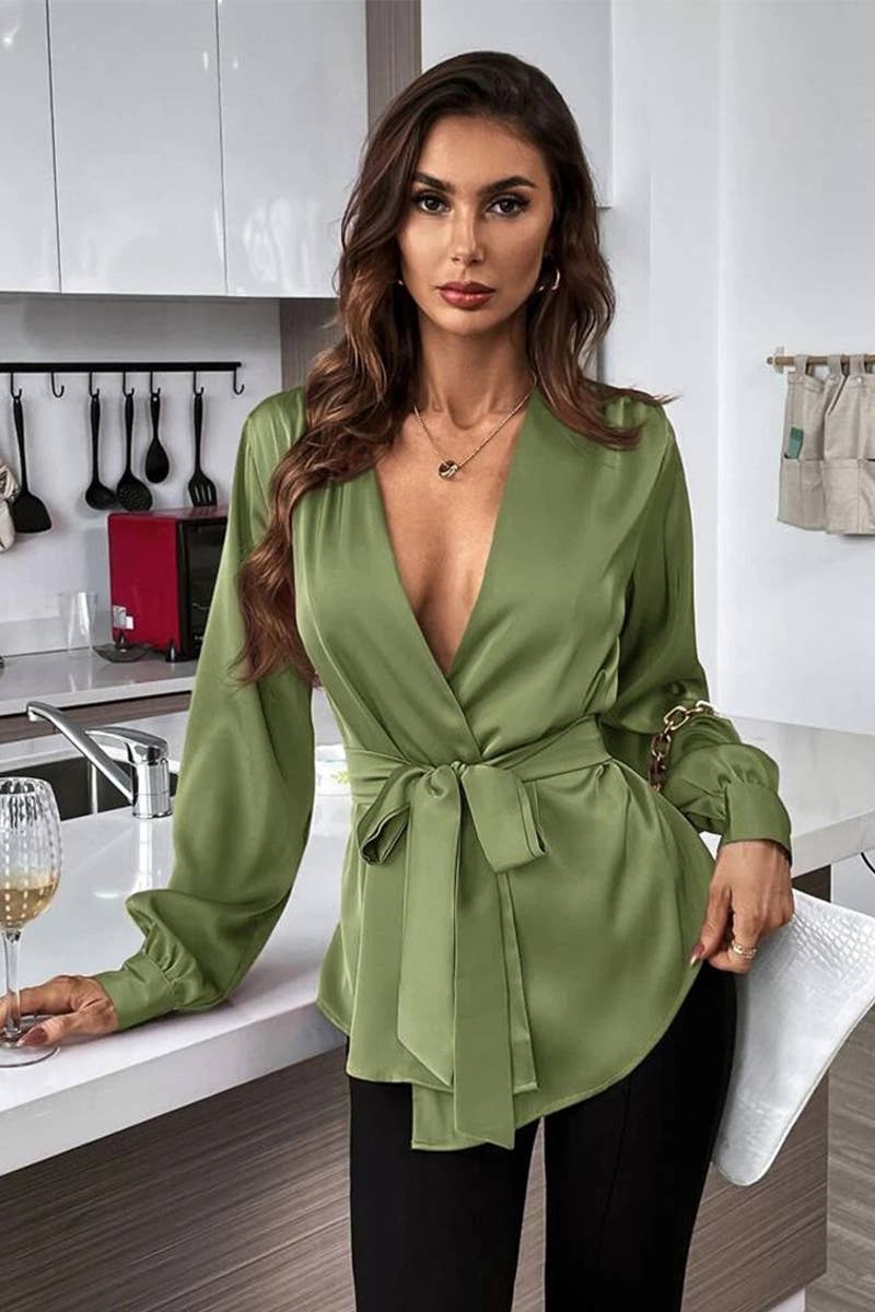 CWTBLL3934_V-NECK SOLID COLOR DRAWSTRING ASYMMETRIC HEM SHIR