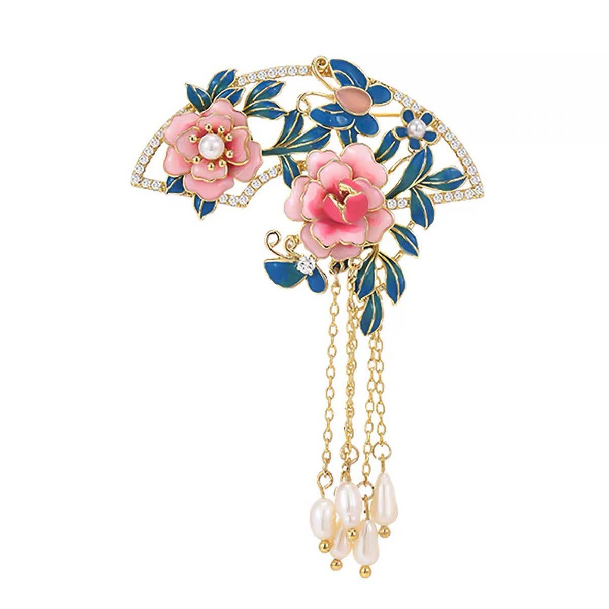 CWAJE2572_CAMELLIA FLOWER LOTUS PEARL DIAMOND ALLOY BROOCH