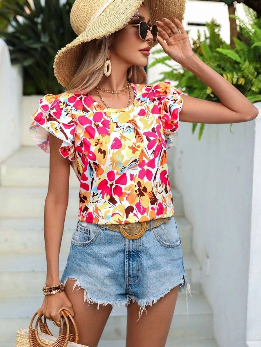 FLORAL DOUBLE-LAYER FLYING SHORT-SLEEVED SHIRT
