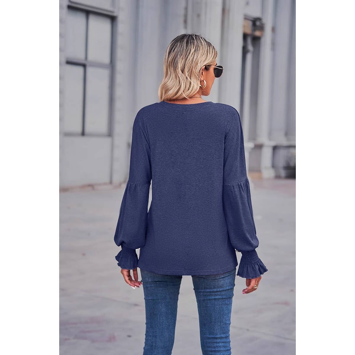 CWTBLL1880_ROUND NECK LOOSE CUFFS LANTERN SLEEVE TOP
