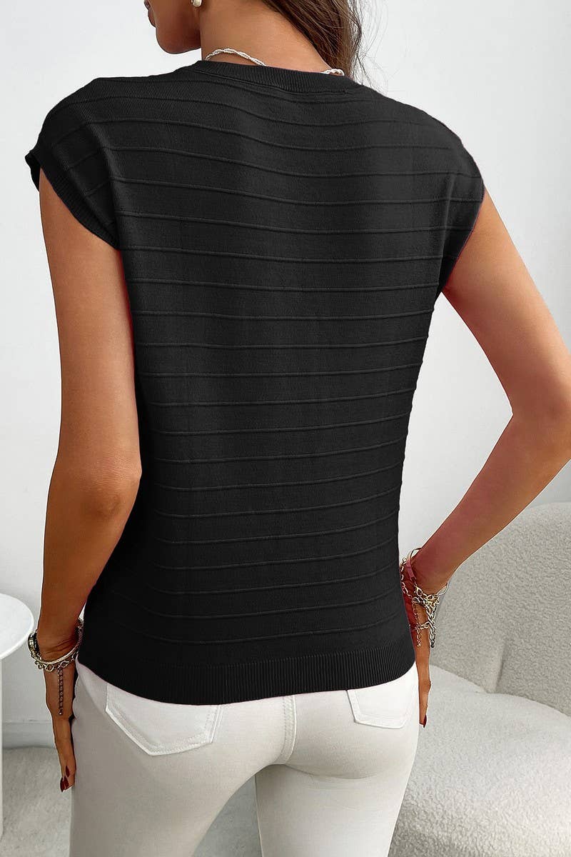 CWTBLS2258_STRIPED KNIT SHORT SLEEVE POCKET PULLOVER SWEATER