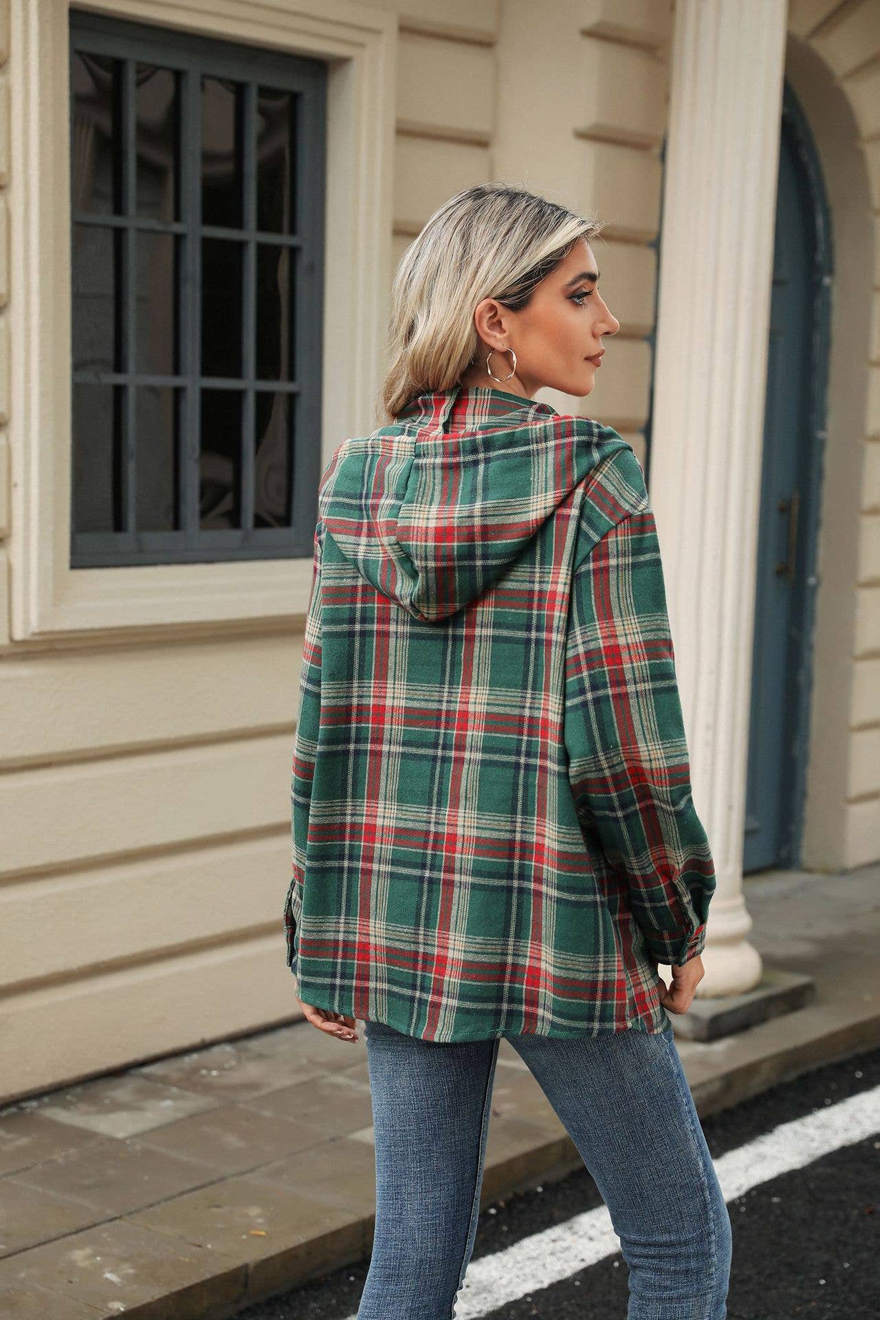 Checked hooded loose long-sleeved sweatshirt