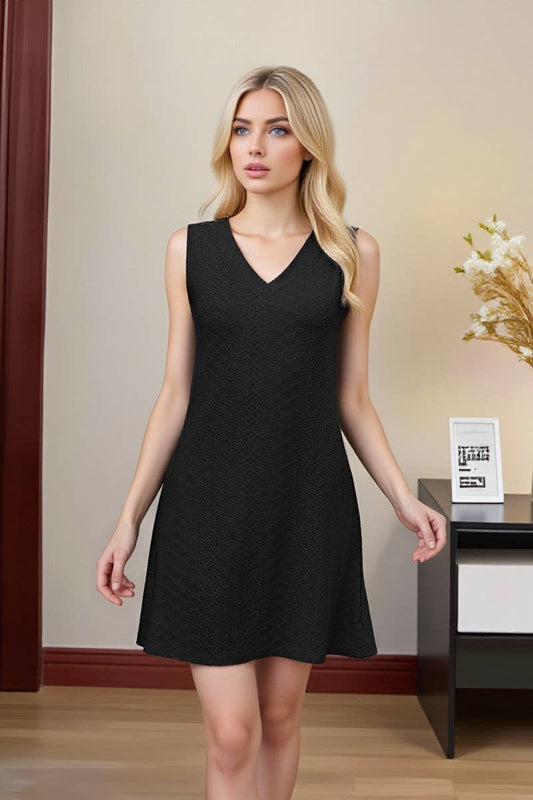CWDSD10548_SUMMER CASUAL SOLID COLOR V-NECK DRESS