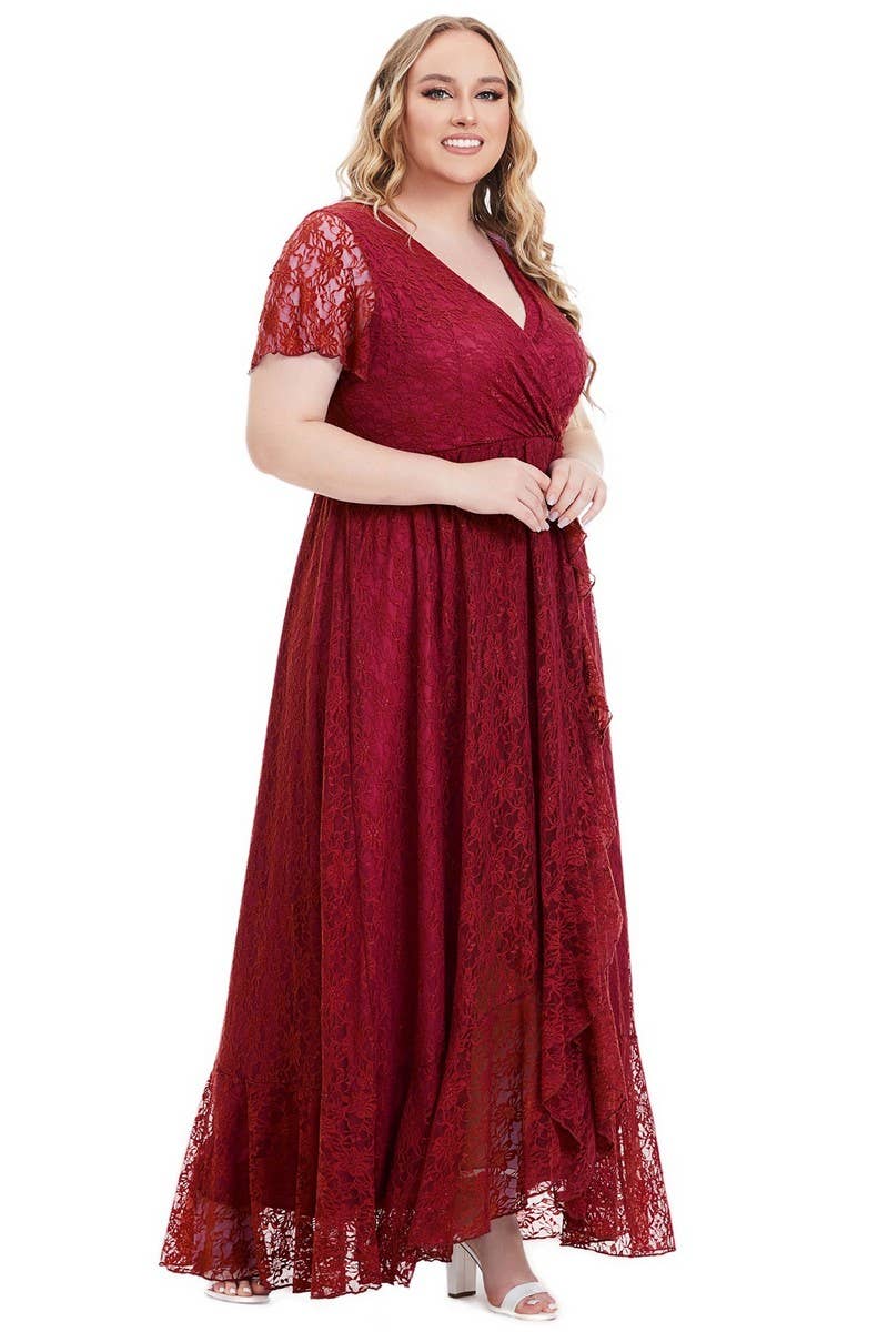 CWDMD3206_PLUS SIZE V-NECK LACE LONG EVENING DRESS