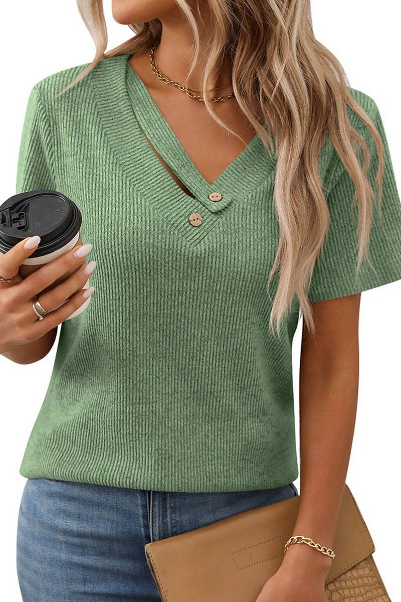 CWOSWS0133_KNITTED RIBBED V-NECK BUTTON SHORT SLEEVE TOP