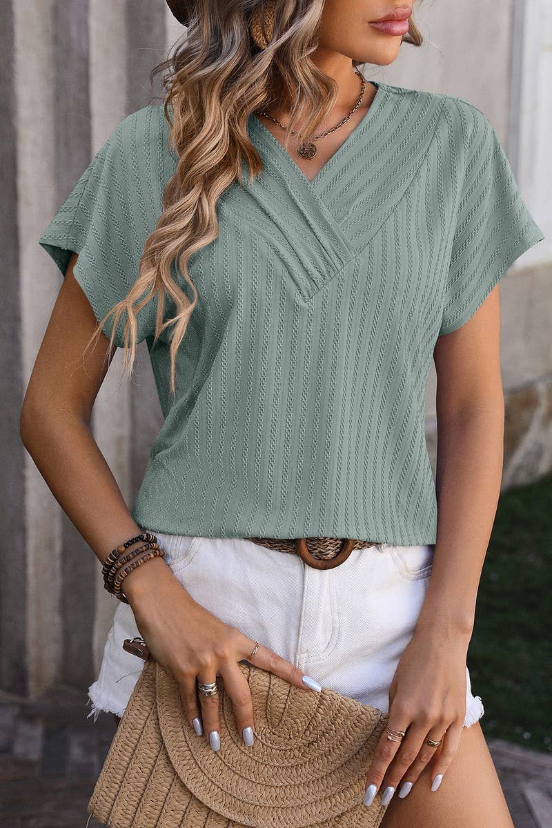 CWTBLS0916_V-NECK CHAIN JACQUARD TOP SHORT SLEEVE