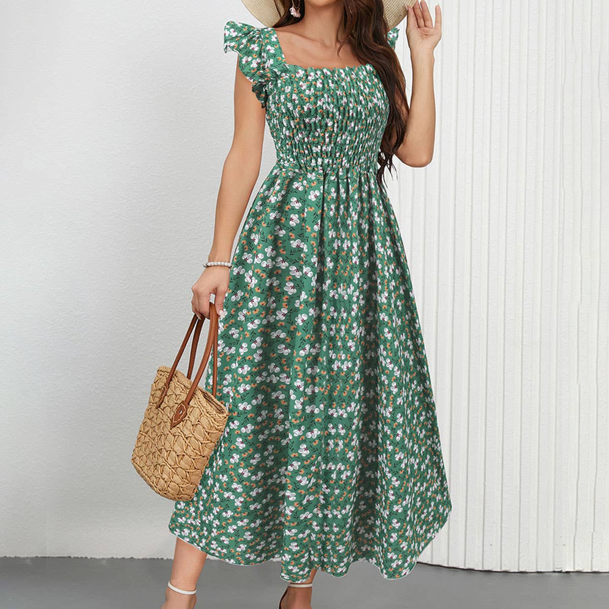 A-Line Dress with Puff Sleeves and Square Neck