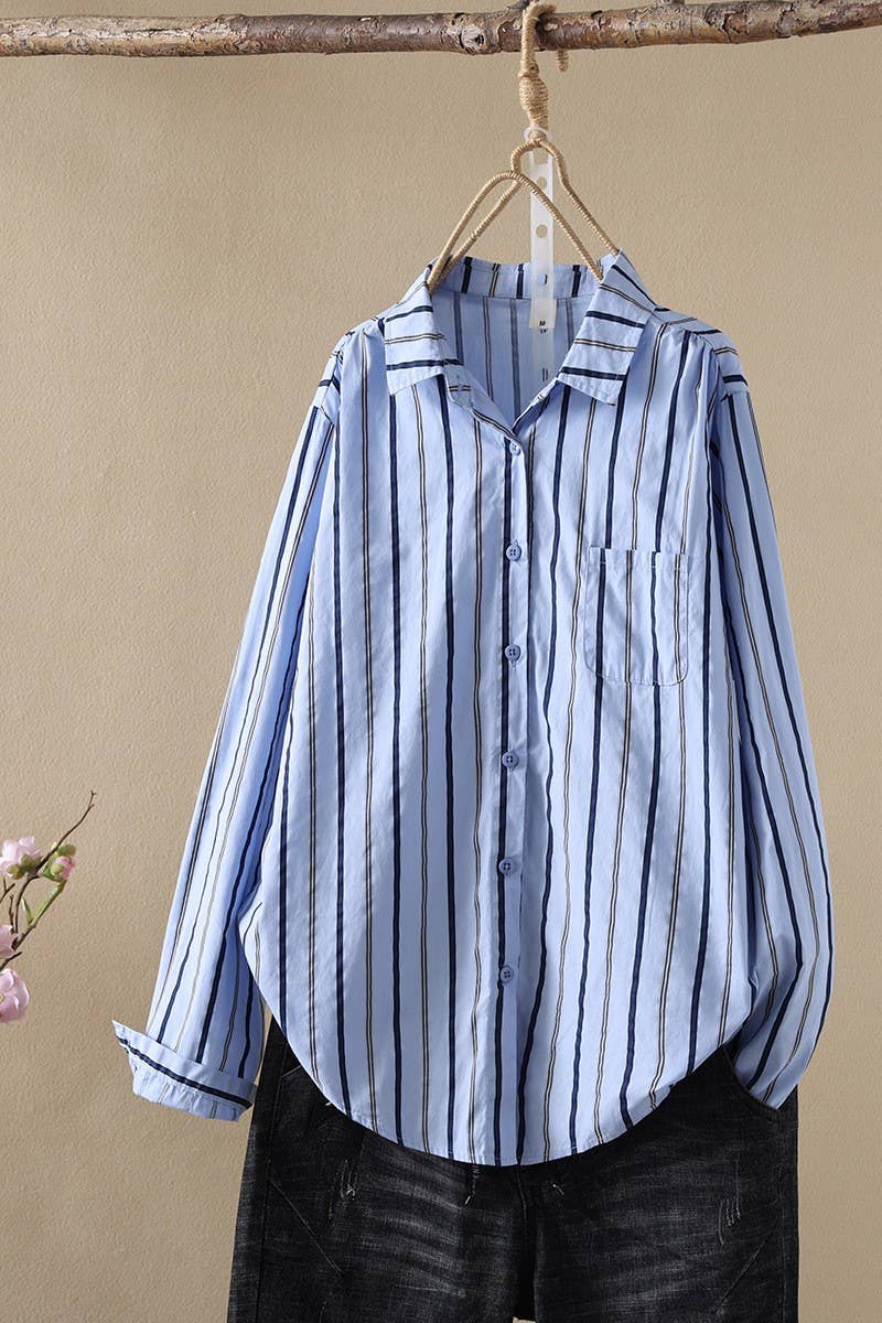 CWTSTL2247_STRIPED COTTON LOOSE CASUAL SHIRT TOP