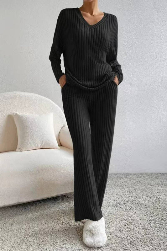 CWSTB1609_V-NECK RIBBED TOP AND PANTS KNITTED SUIT