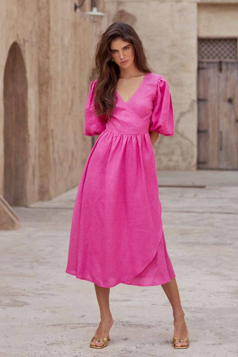 CWDMD5246_COTTON TIE-BACK PUFF SLEEVE MAXI DRESS