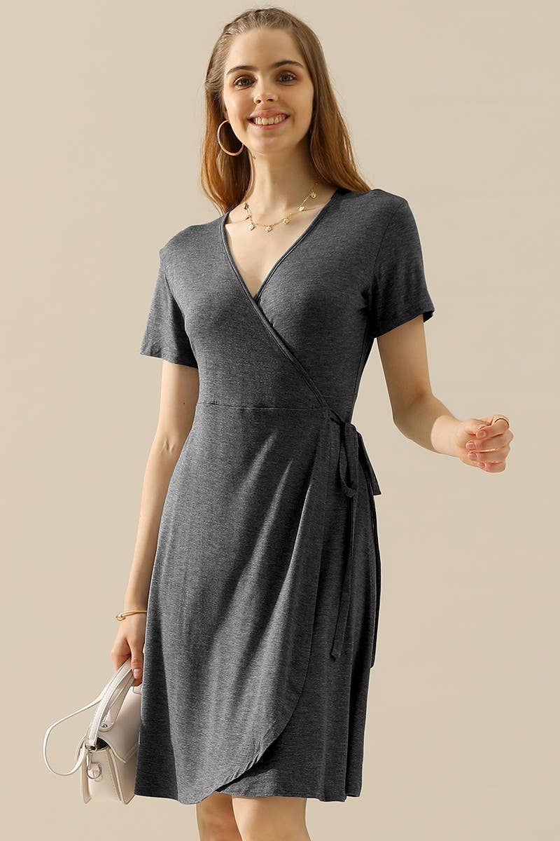 CWDSD10372_V NECK CASUALSHORT SLEEVE WRAP DRESSES
