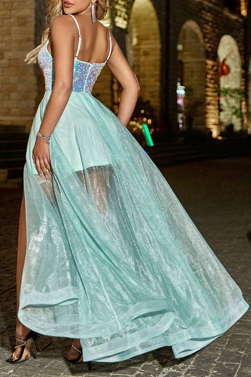 CWDMD2528_V-NECK SEQUIN MESH SEE-THROUGH DRESS LONG