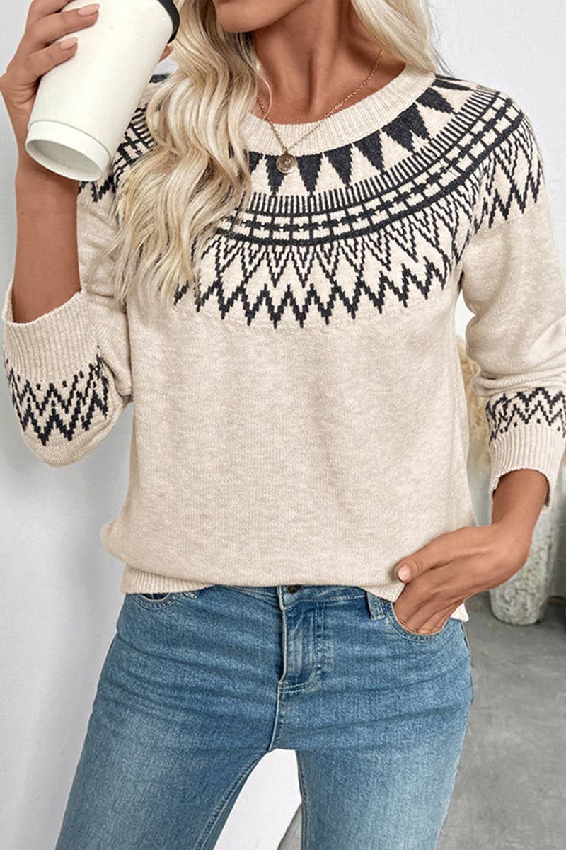 CWOSWL07130_ETHNIC STYLE ROUND NECK PULLOVER KNITTED SWEATER
