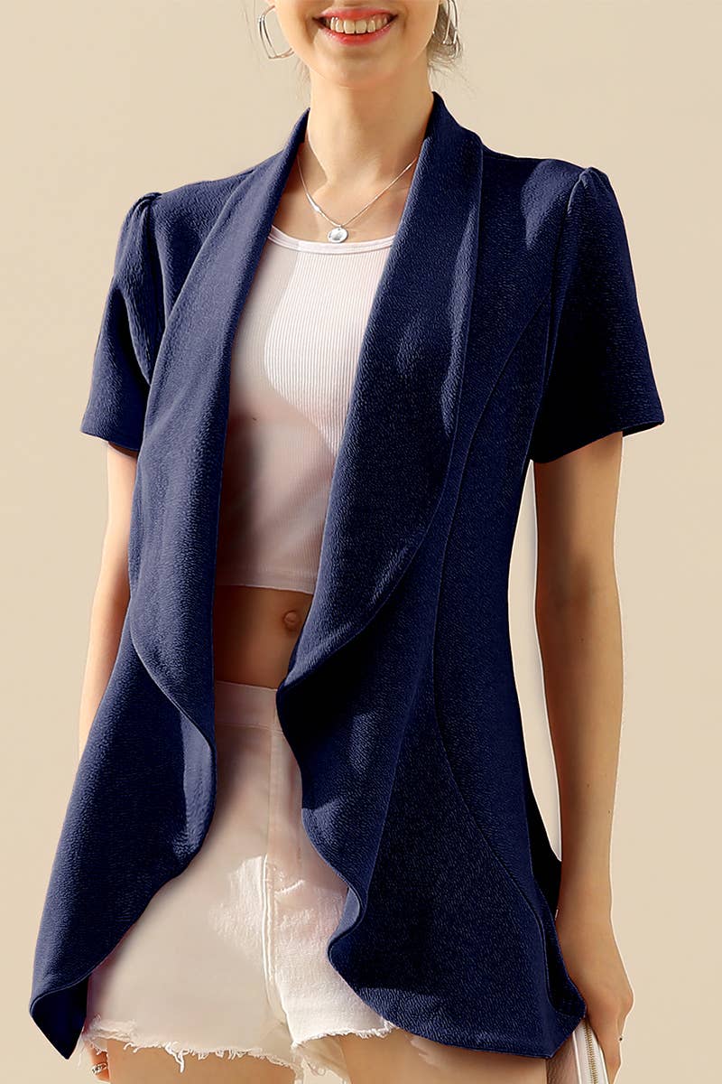 CWOBL095_Short Sleeve Open Front Draped Ruffles Blouses