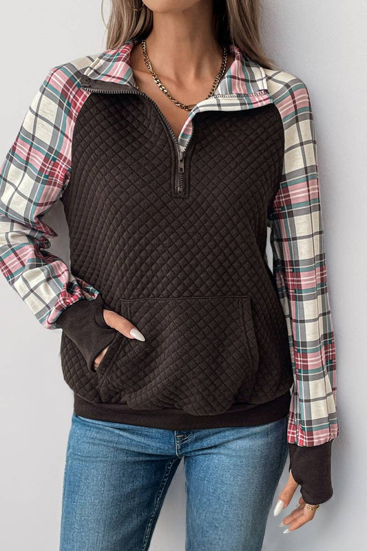 CWTBLL3715_RETRO PLAID STITCHING RETRO PULLOVER SWEATSHIRT