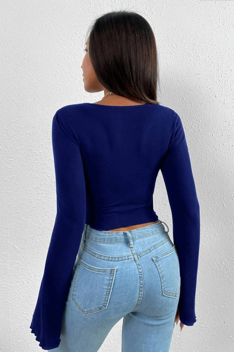 CWTBLL2702_V-NECK FLARED SLEEVES IRREGULAR KNITTED TOP