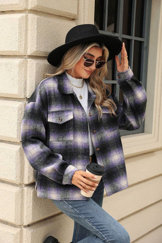 CWOCO0874_LONG SLEEVE LOOSE STRIPED PLAID CARDIGAN COAT