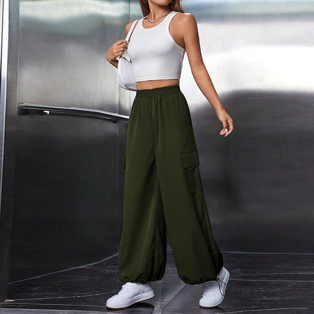 ELASTIC WAIST CASUAL WIDE LEG SPORTS CARGO PANTS