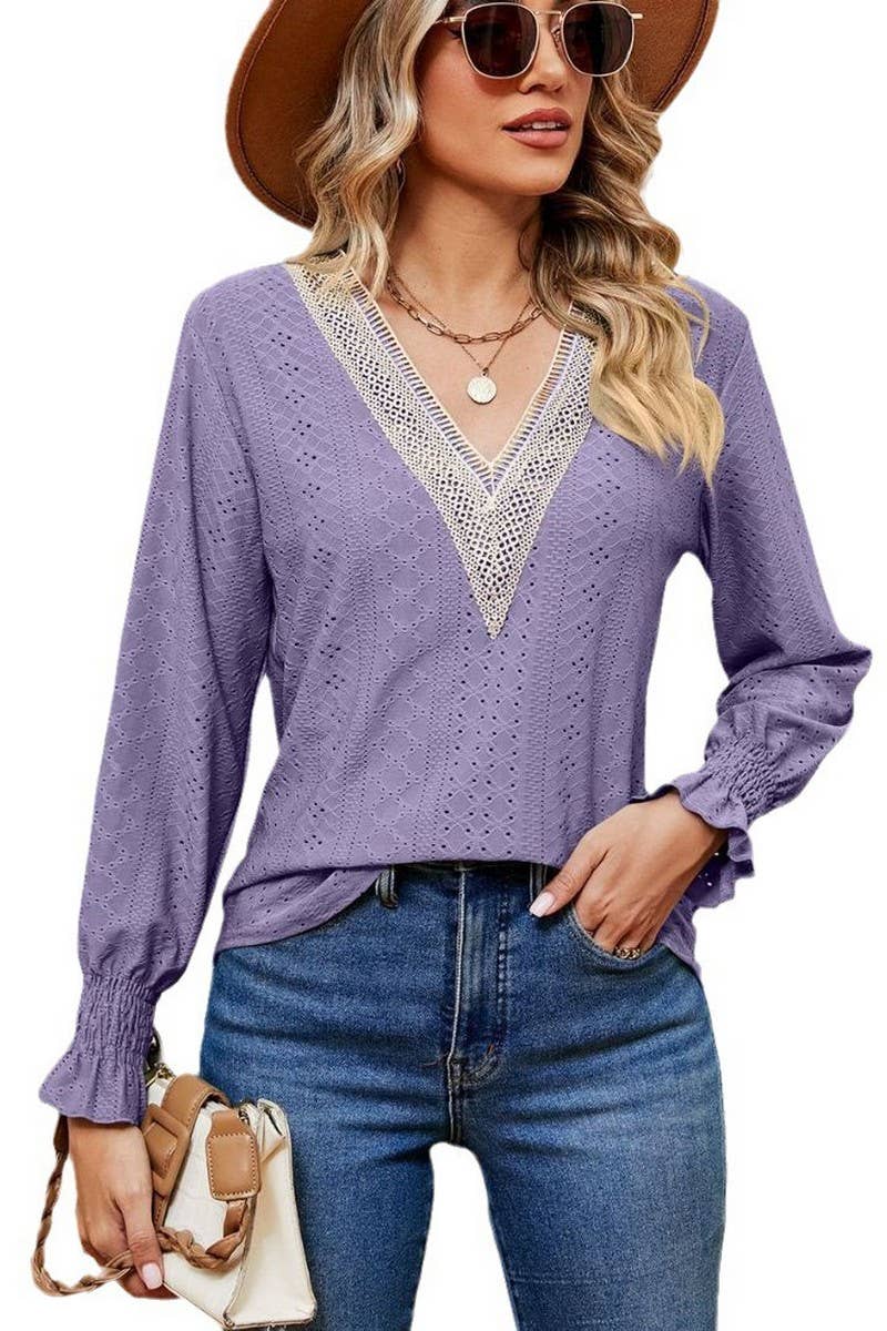 CWTBLL2389_V-NECK LACE STITCHING LONG-SLEEVED PULLOVER