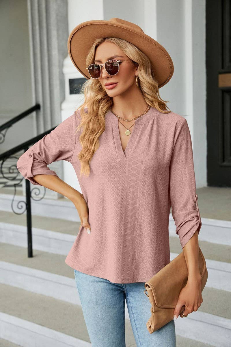 CWTBLL0884_V-NECK BUTTON-DOWN LONG-SLEEVED LOOSE TOP
