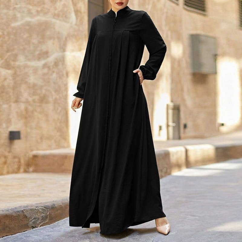 ARABIC STYLE STAND-UP COLLAR ZIPPER RELAXED DRESS