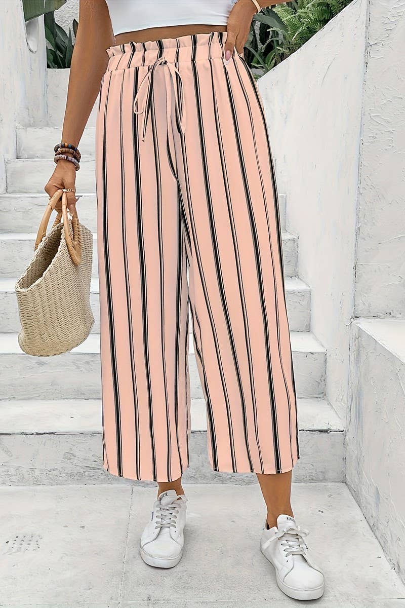 CWBLP2078_HIGH WAIST LOOSE FIT SLIM STRIPED WIDE LEG PANTS