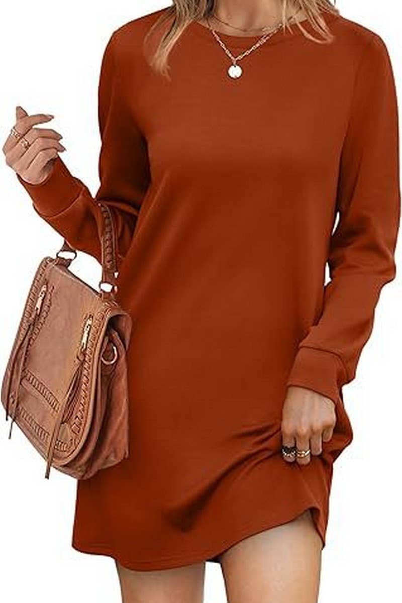 CWDSD8813_ROUND NECK POCKET LONG SLEEVE SWEATER DRESS