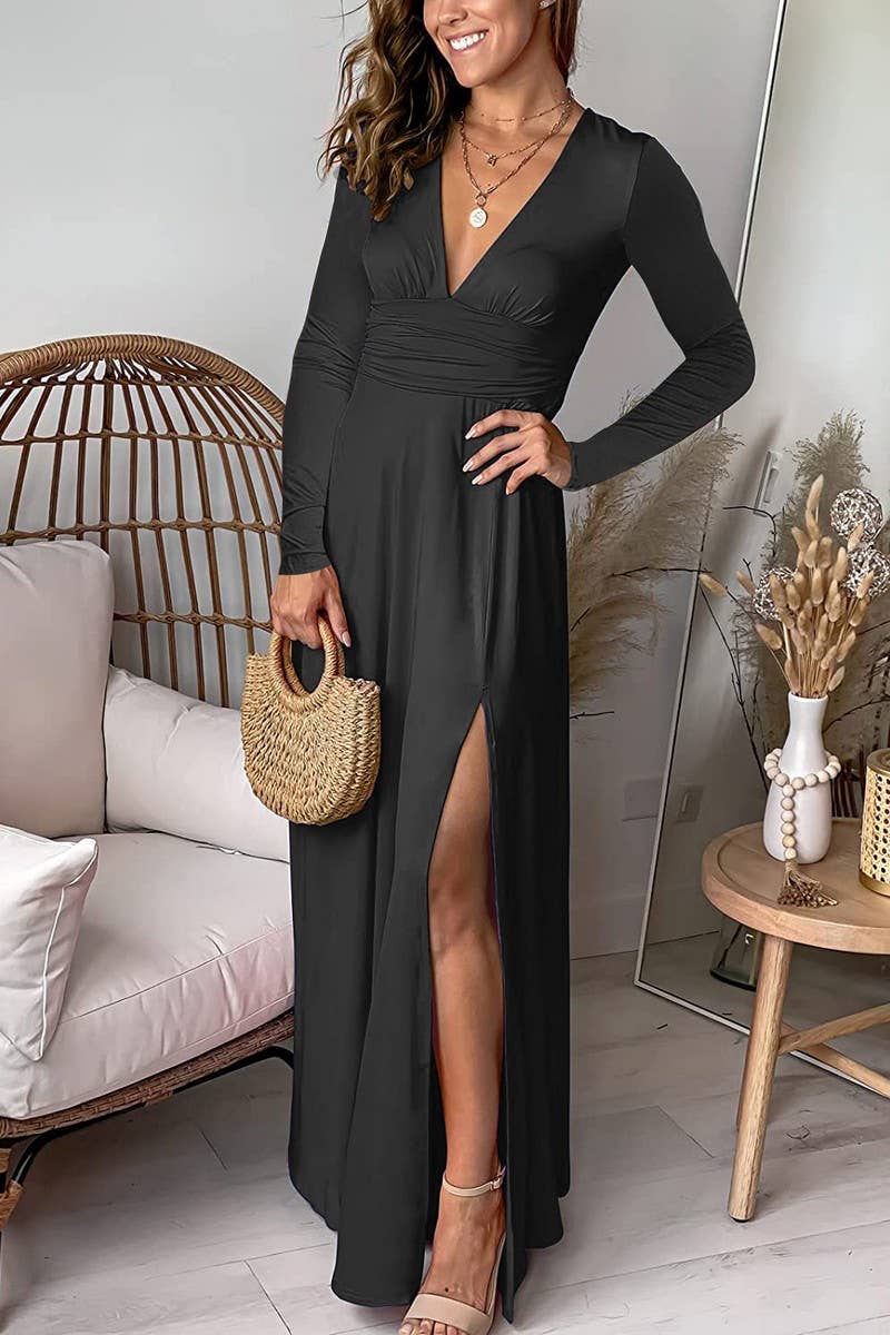 CWDMD5880_DEEP V RUCHED LONG SLEEVE SPLIT MAXI DRESS
