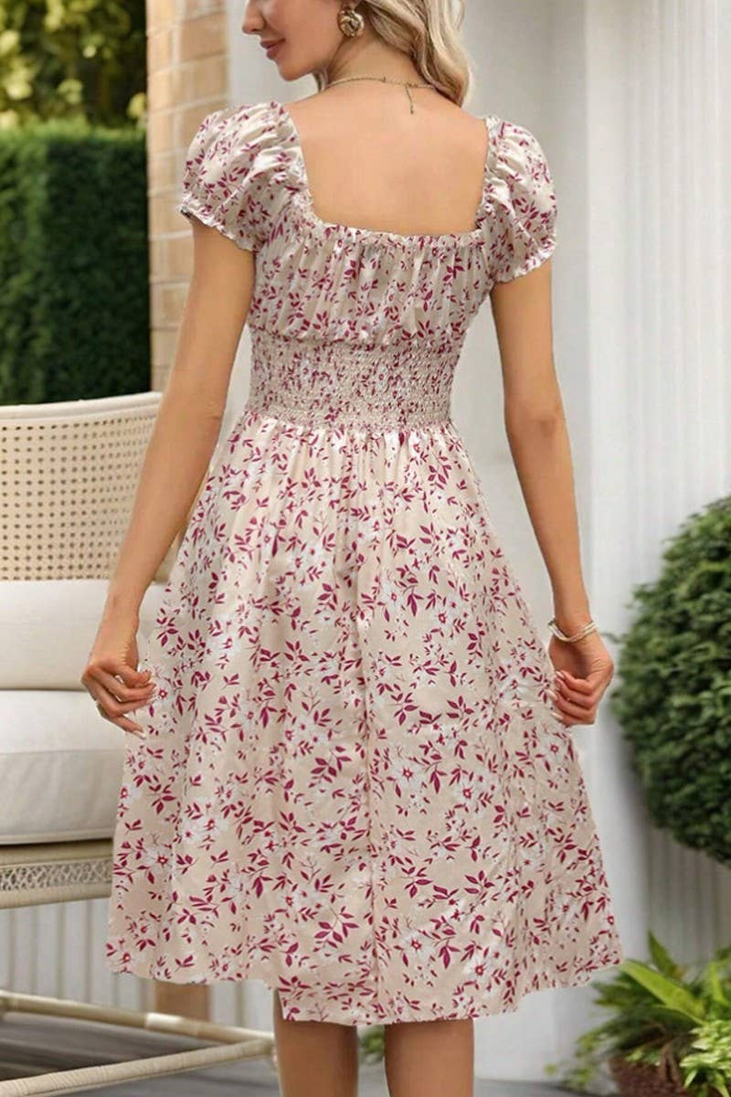 CWDMD5870_VINTAGE FLORAL PUFF SLEEVE FRENCH MIDI DRESS