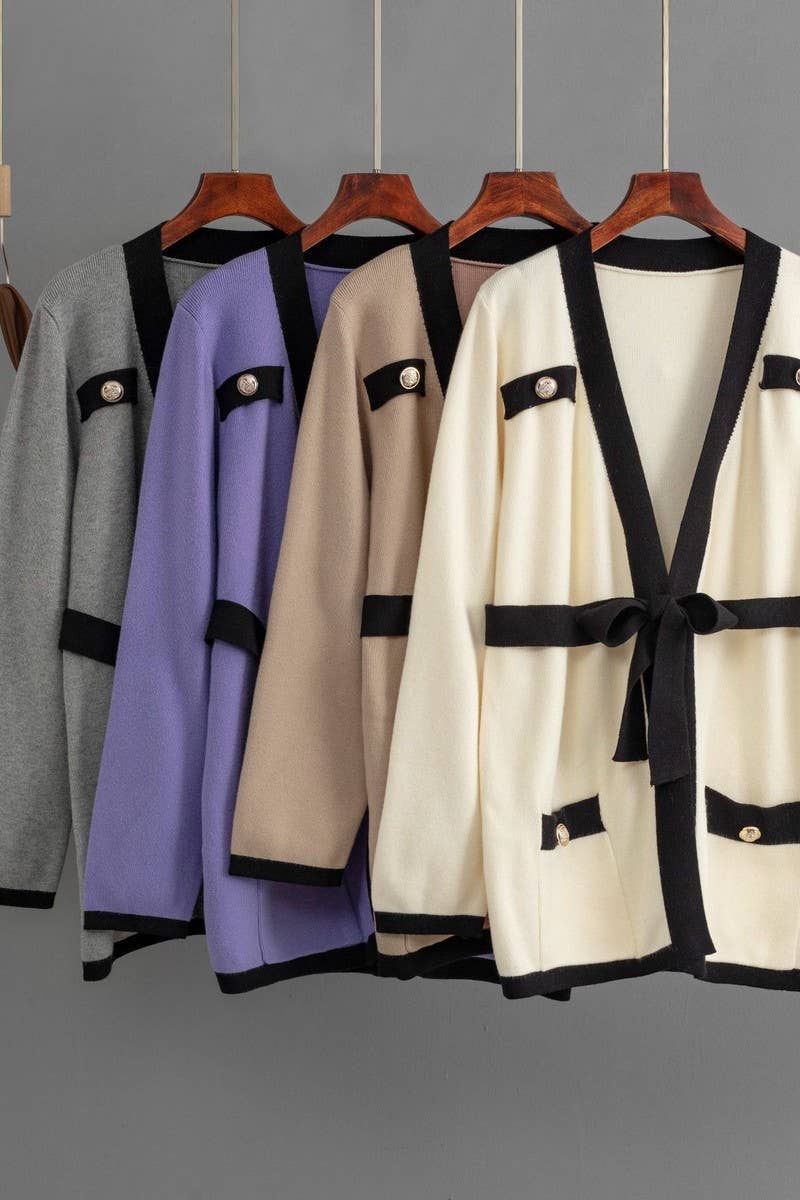 CWOCAL00675_V NECK COLORBLOCK TIE BUTTON PLUS CARDIGAN