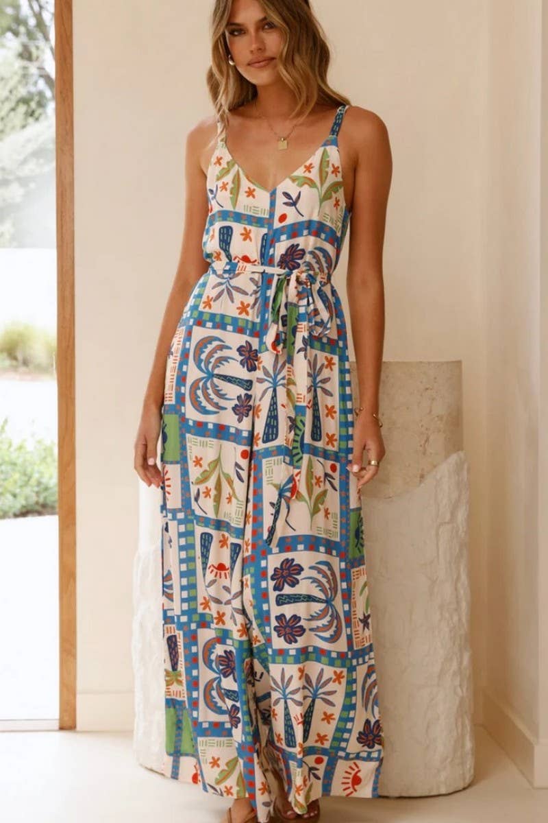 CWDHL1013_SUMMER V-NECK LOOSE WAIST BELT SUSPENDER JUMPSUIT