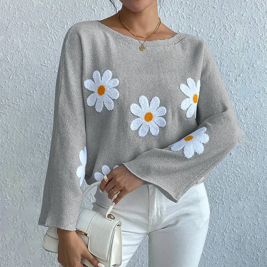Floral embroidery loose crew neck pullover sweater