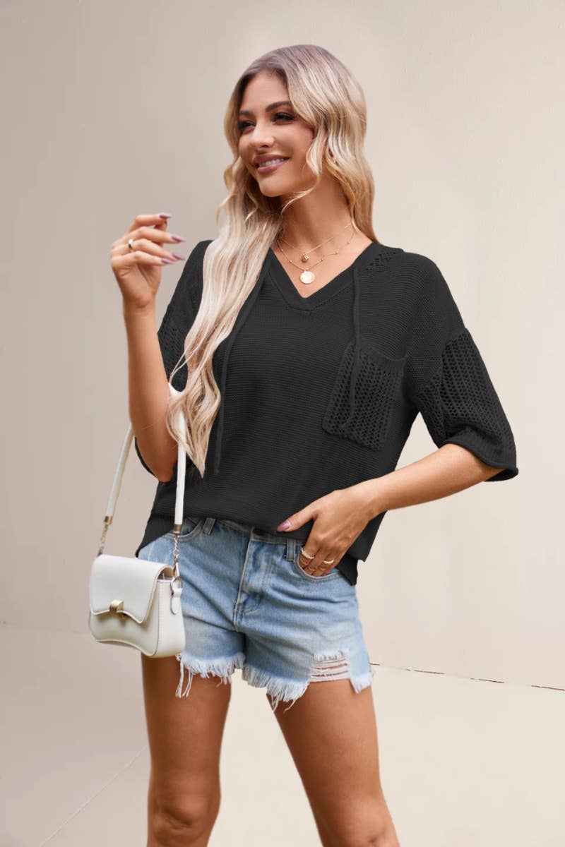 CWTBLS0745_SHORT-SLEEVED CUT-OUT HOODED SWEATER TOP