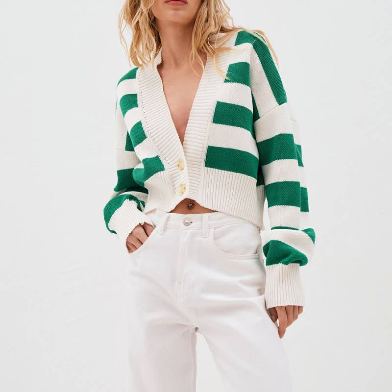 COLOR CONTRAST V-NECK DESIGN SENSE KNIT CARDIGAN